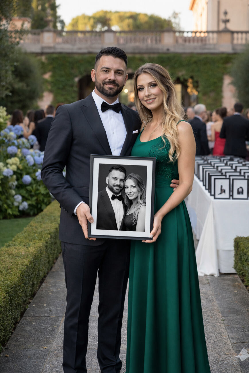 Una coppia mostra il proprio ritratto in bianco e nero incorniciato durante un matrimonio.